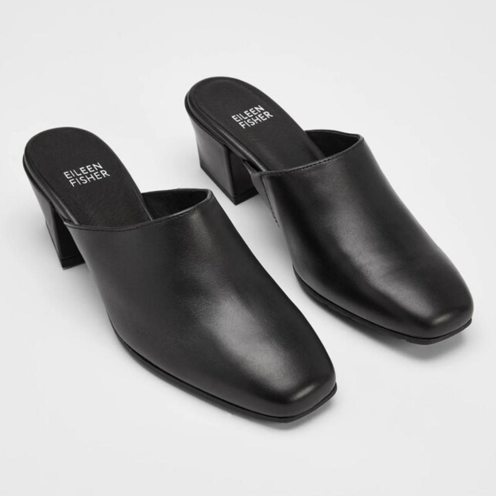 Eileen Fisher Vela Nappa Black Leather Square-Toe Heel Mules